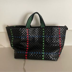 Clare V Woven Bateau Tote black plaid woven checker
